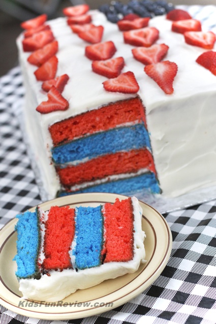 Patriotic red white and blue layer cake perfect for summer and 4th of July. Patriotic cake recipe