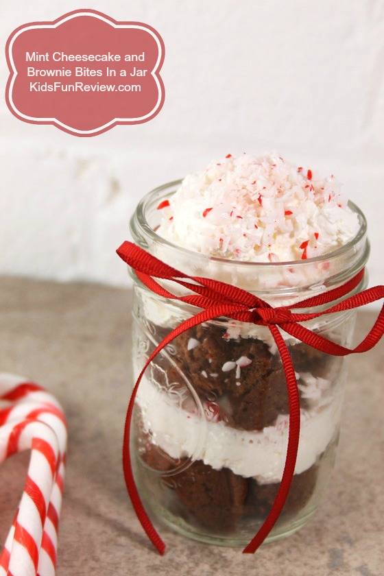 peppermint cheesecake and brownie bites in a jar
