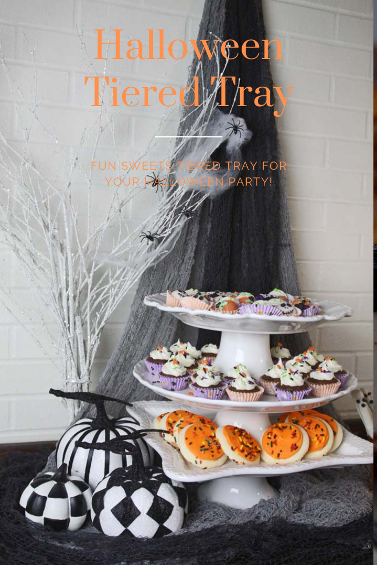 Halloween Tiered Tray Idea for Sweet Treats with Black and white Halloween decor